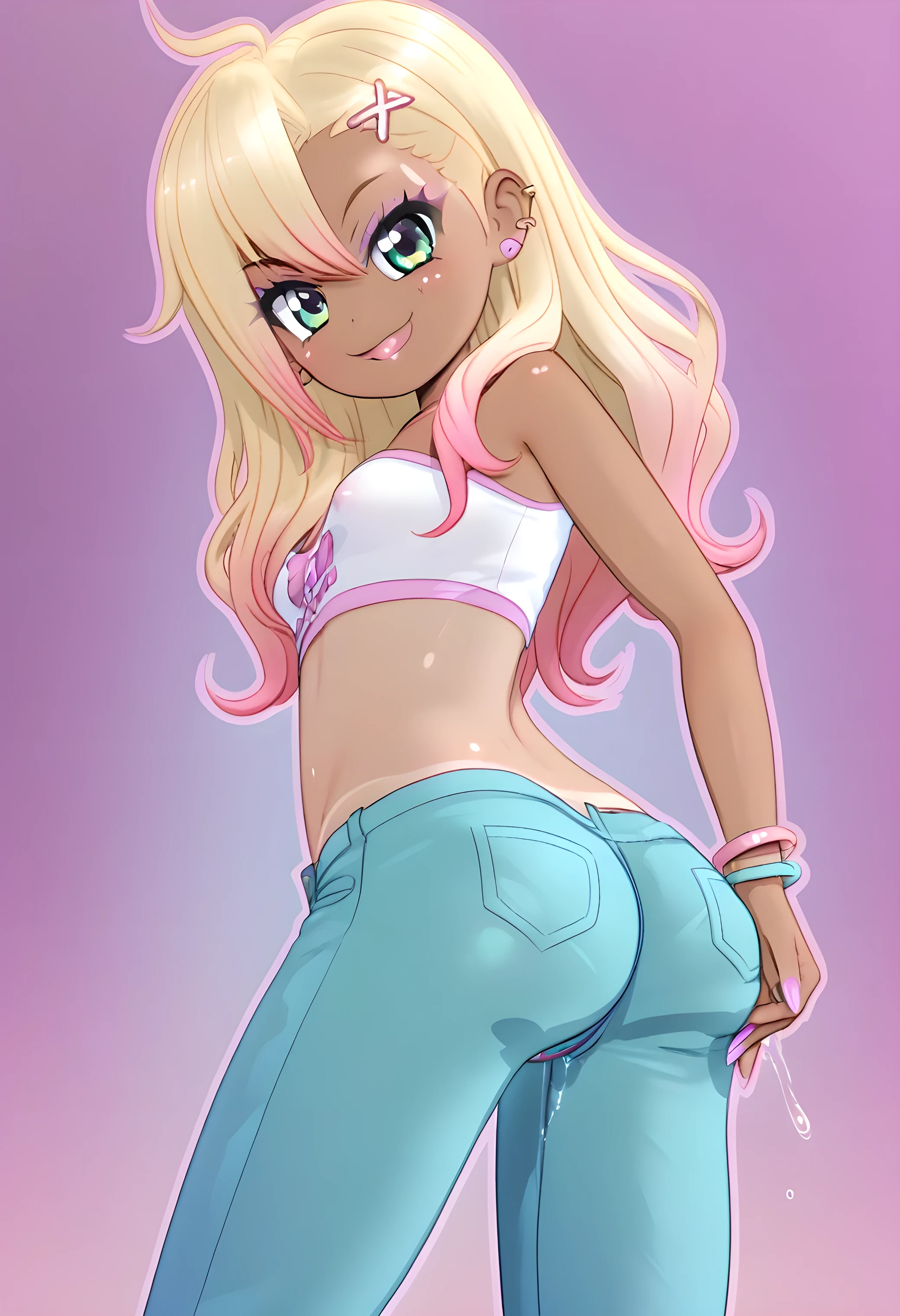 By mantis-x, (gyaru), young girl, tight small hotpants, small breasts, playful smile, blonde hair, ((tanned skin)), solo, midriff, tube top, ass shake, lewd dance, unzipped pants, pussy, pussy juice