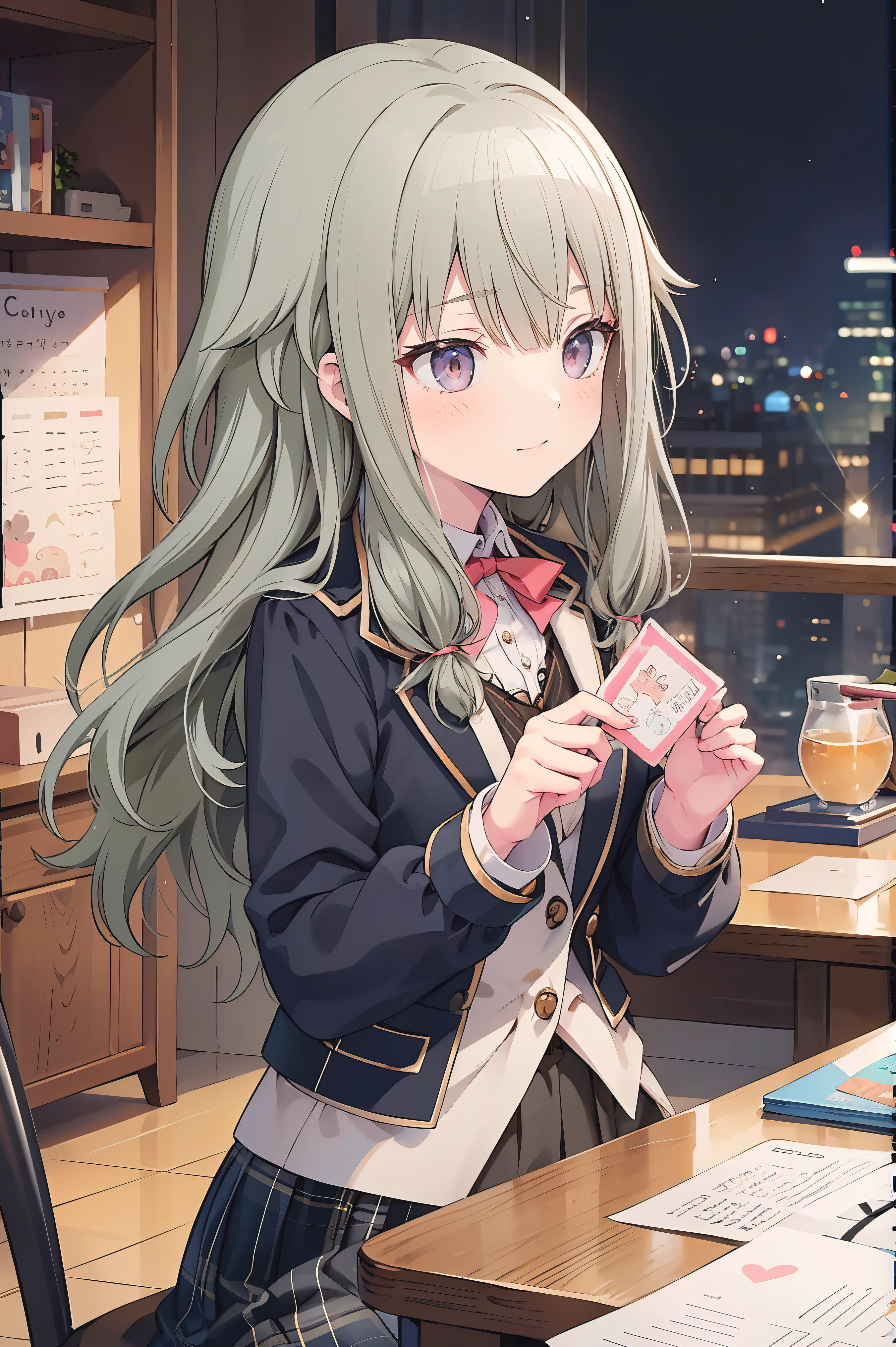 (8k, 最high quality)、Ultra-high resolution、adorable、最high quality, beautiful, (((Absurd beauty)))、masterpiece、Best image quality、(Front facing)、good feeling、smile,Face the camera、Delicate eyes、smile、Small face、female、1 person、masterpiece, Most detailed、、blazer、skirt、 high quality、♡、heart、Shiny Hair、Very fine and beautiful bright eyeedium chest、nose blush、Very detailed, clear and beautiful face, Awards, (Anatomically correct)