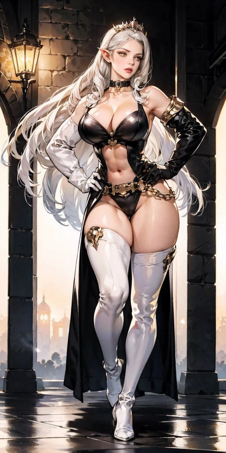 Pirotess female dark elf (black tanned skin), (yellow eyes), white hair, silver hair, very long hair, straight hair, solo, adult woman, tall, slightly muscular, large breasted, cleavage, constricted waist, toned body, slight abs, thin dark skin, pointy ears, lipstick, makeup, black eyeshadow, loincloth standing, hands on hips, circlet, white short dress, jewelry, bracelet, shackles, leather collar choker, white gloves, thigh boots, big belt, view from below, feet together, bracers, tiara, slave crest under navel, navel