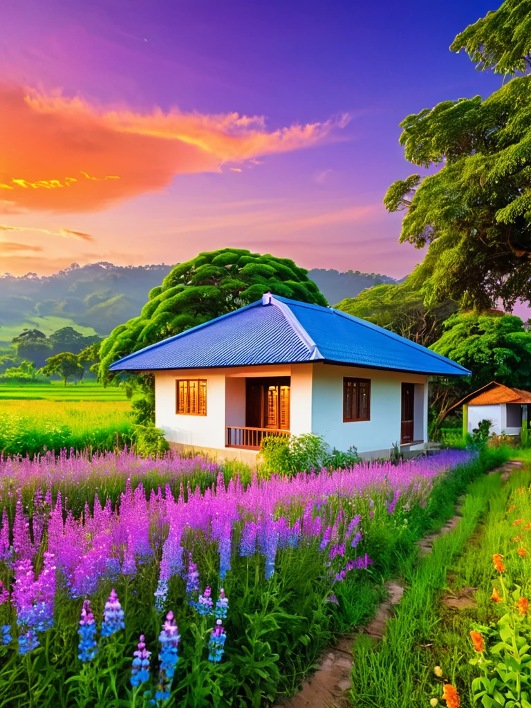 Farm land scenery filled with purple wild flowers, green trees and beautiful orange sky and bungalow with blue roof (excellent texture)