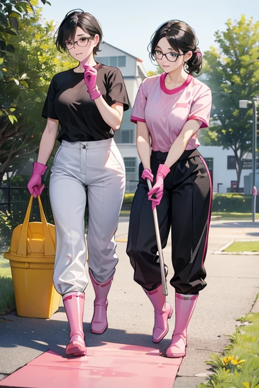 Two mature women with glasses and black hair in short sleeve gym clothes and long pants are cleaning up a schoolyard in midsummer wearing long pink rubber gloves and white rubber boots.