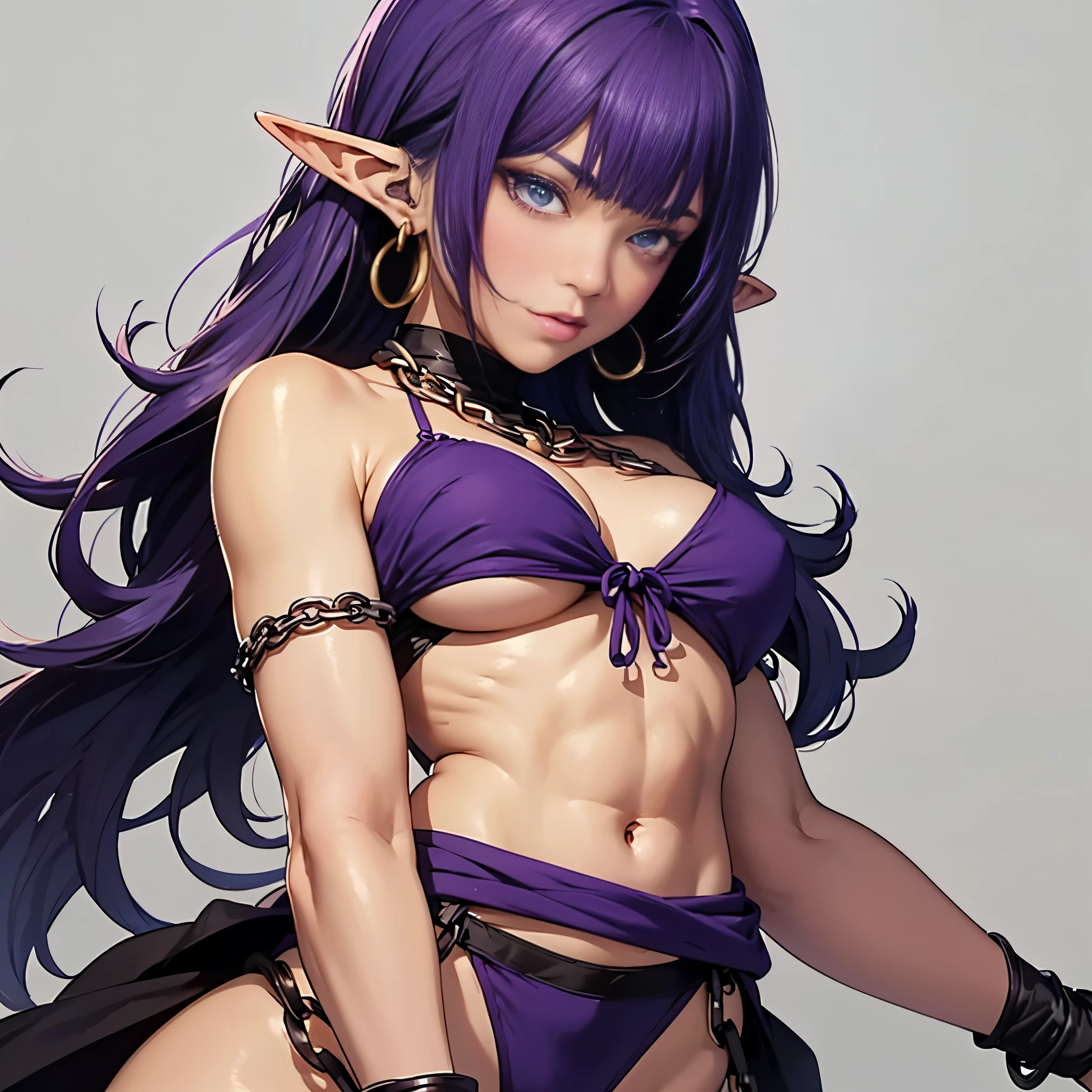 Appearance Gender: Female Age: Mature Race: Drow (elf with dark skin and purple 2bangs hair side to side) Height: Full-body Skin: Gray Skin: Gray Background: Plain Gray Eyes: Purple Attire: Bikini, revealing abdominal muscles Accessories: Large earrings, ragged rags, chain necklace