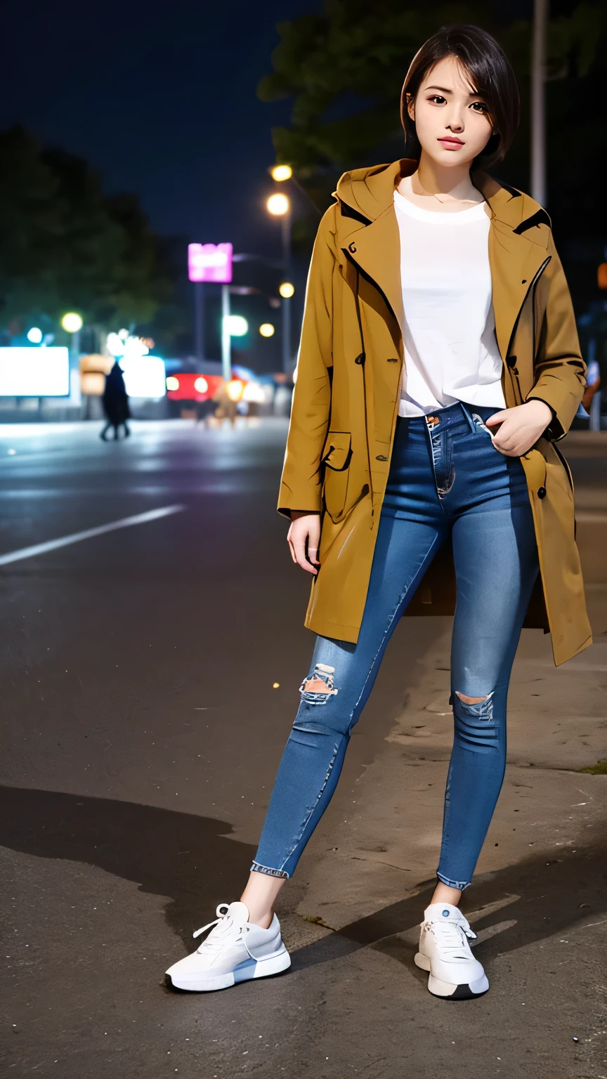 high quality,16K:1.1),(Depth of written boundary:1.3) ,Full body photo、Standing woman、smile、Short Haircut、Wearing a coat、shirt、Skinny jeans、sneakers、View your viewers:1.3),(Full Body Shot:1.2),Background is a park at night