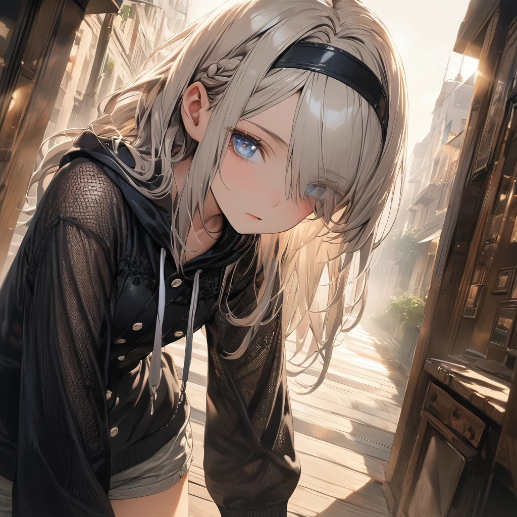 masterpiece, Highest quality, [crazy_eye], (Small Tits: 1.2), Super detailed, fog, Browsing Caution, (Expressionless) 1girl,((wistful)),young ,12yo,(Pale blue eyes),(shiny silver hair)(asymmetrical bangs),(eyes visible through hair/bangs),((hair over one eye)),droopy eyes,long hair,headband,single braid,sidelocks,asymmetrical bangs,flowing bangs,pretty face,pretty girl,(cute, sexly, slightly mature face),short ,(Button front mixed media dress, Stylish long sleeve mesh overlay loose shirt dress,), (Plain drawstring shorts, casual wide leg shorts),
(detailed eyes, face),(detailed hair),realistic texture,delicate lighting,delicate shadows,super high resolution,rich in details and textures,(super detailed),detailed outfit,sharp focus,HDR,(masterpiece),(perfect eyes),(perfect hands),