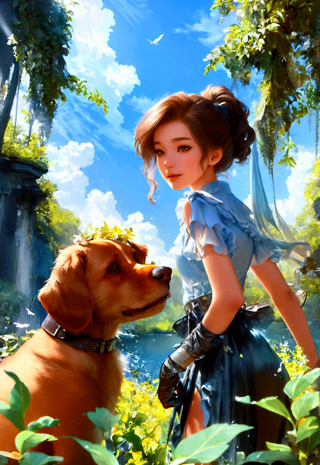 (A girl with mechanically blended legs and a dog with mechanically blended legs), through a vast and beautiful landscape , Surrounded by lush nature, Extreme low angle, above-the-waist shot from below._see the view, shining smile, delicate details, brown short hair_ponytail style, pale skin, (best quality, 4K, 8k, high resolution, masterpiece: 1.2), very detailed, (realistic: 1.37), official art, amazing, serene, inspirational, dramatic lighting, forest, (sunny day_blue sky, Clumping clouds), natural beauty,