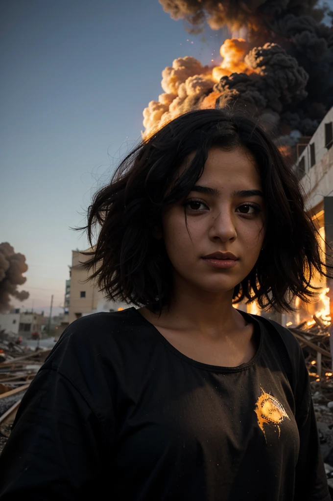 depicts a Palestinian girl made of thick black smoke rising from an explosion. The girl's face was sad and full of hope.The young girl had a Palestinian keffiyeh around her neck and a Palestinian flag in her hand.symbolizes its cultural heritage. In the middle of the ruins of a building destroyed by a fiery bomb explosion, the girl stands as a symbol of resilience and hope. The high-resolution UHD images capture the intense emotions and stark reality of the situation, displays extraordinary artistic skills and qualities.