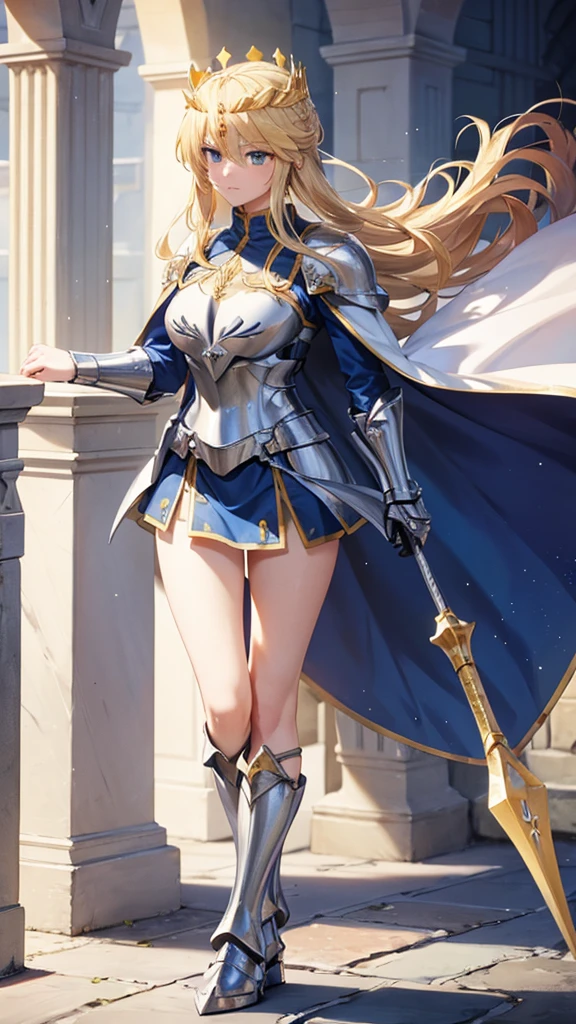 Blonde adult woman,Golden Crown,large cape,white armor,cleavage,Blue armor skirt,Thin legs,iron boots,Standing,spear,castle