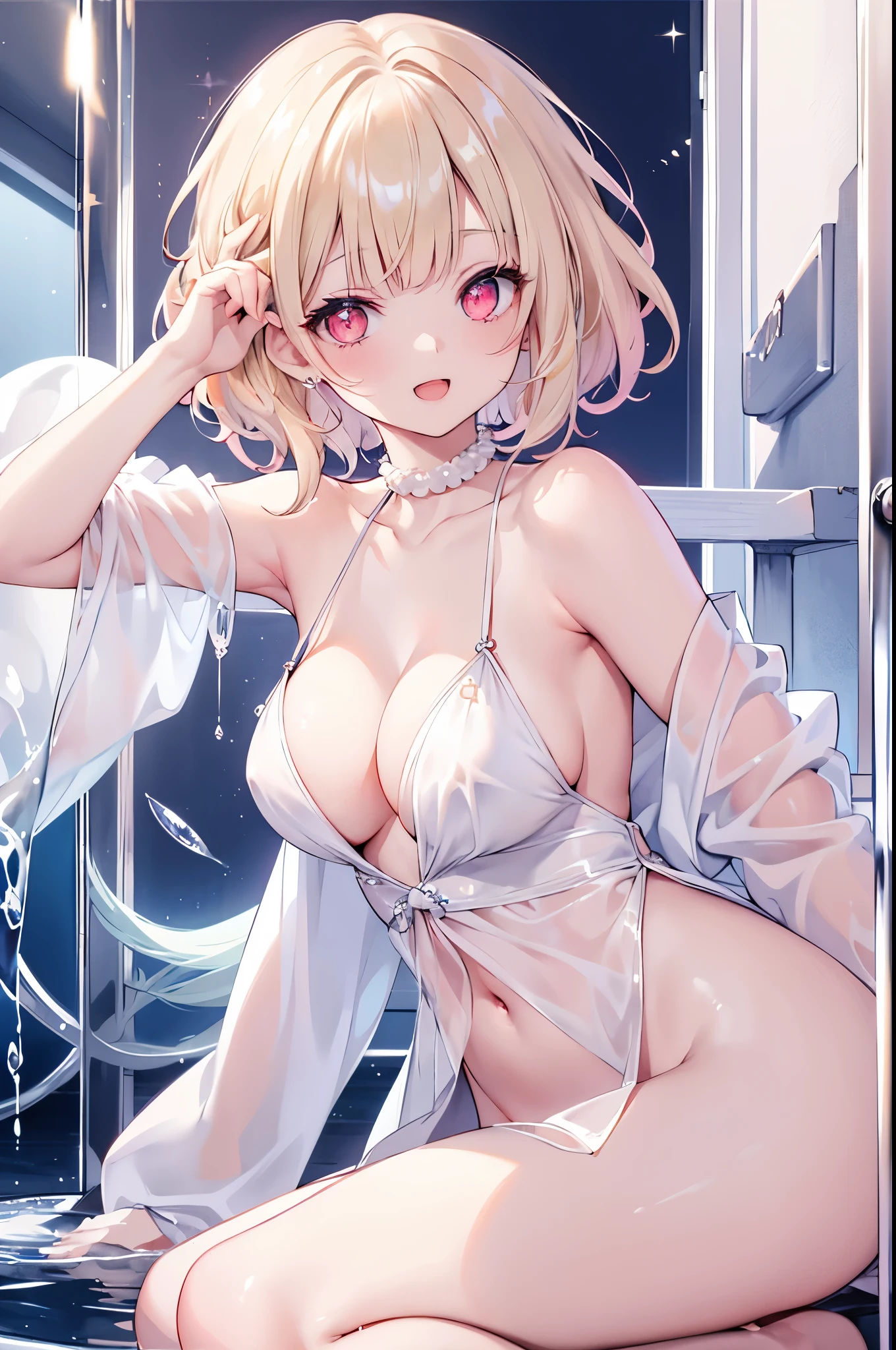 1girl,Sexy pretty girl,shiny gold platinum blonde hair, Bobcut,curly hair、Dog ears、Red sparkling eyes、detailed cute eyes,(glowing eyes:1.4),laugh heartily,((Droopy eyes)),22 years old,posing,skinny body shape,short of a person,smiling open mouth,flushed cheeks,white silk Clothes shirt, sparkle, flowing transparent white,pearls choker,sensual pose,A little sexy,Masterpiece, best quality,(watercolor style illustration), kawaii yukata, silver bobcut hair, beautiful goldfish in a fishbowl, photography