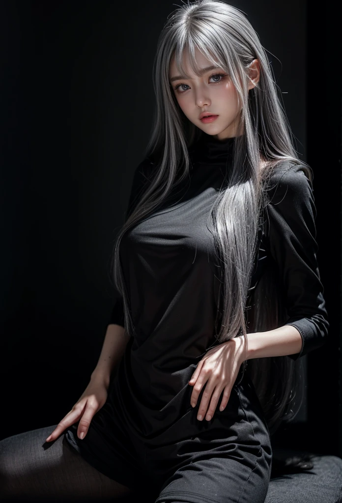 Military Uniforms,pants,black military uniform,whole body,Height: 168cm,almond shape eyes,{{{{{silver eyes}}}}},{{{{{dull bangs}}}}},(slanted eyes},{{whole body},{{{1 girl}}}, long hair, straight hair,{{{{silver hair}}}},{{{tsurime}}},30 years old,{Medium chest},{{bush}},silver eyes,{{{masterpiece}}}, {{{highest quality}}}, {{Super detailed}}, {shape}, {{very delicate and beautiful}},very detailed,detailed perfect,detailed hyper,Abundant thighs,big ass,black clothes