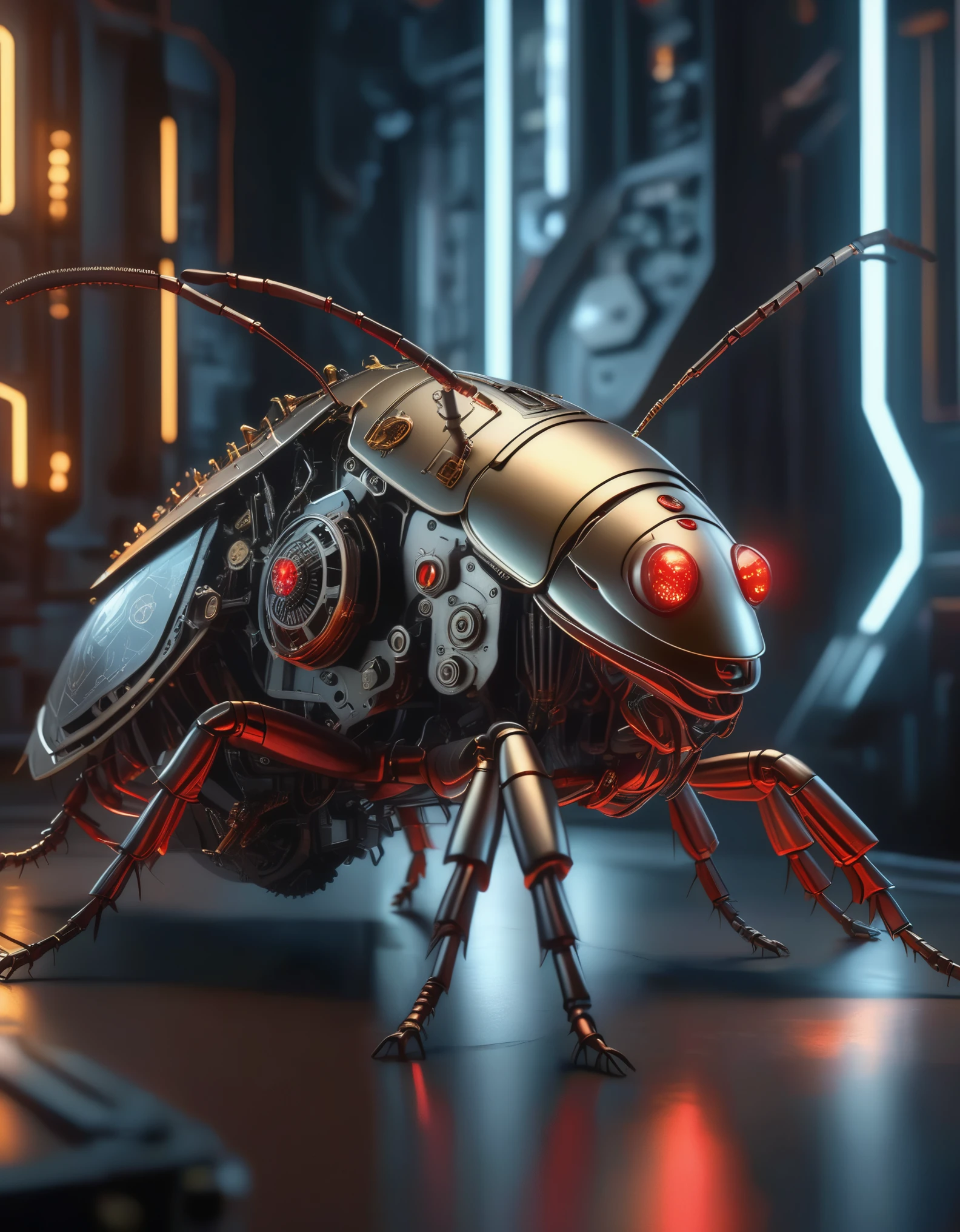 a mechanical cyberpunk cockroach, intricate gears and circuits, hexagonal metallic exoskeleton, glowing red eyes, insectoid legs with sharp claws, futuristic science fiction, moody dramatic lighting, dystopian industrial setting, (best quality,4k,8k,highres,masterpiece:1.2),ultra-detailed,(realistic,photorealistic,photo-realistic:1.37),cinematic composition,dark shadows,dramatic contrast,highly complex mechanical design