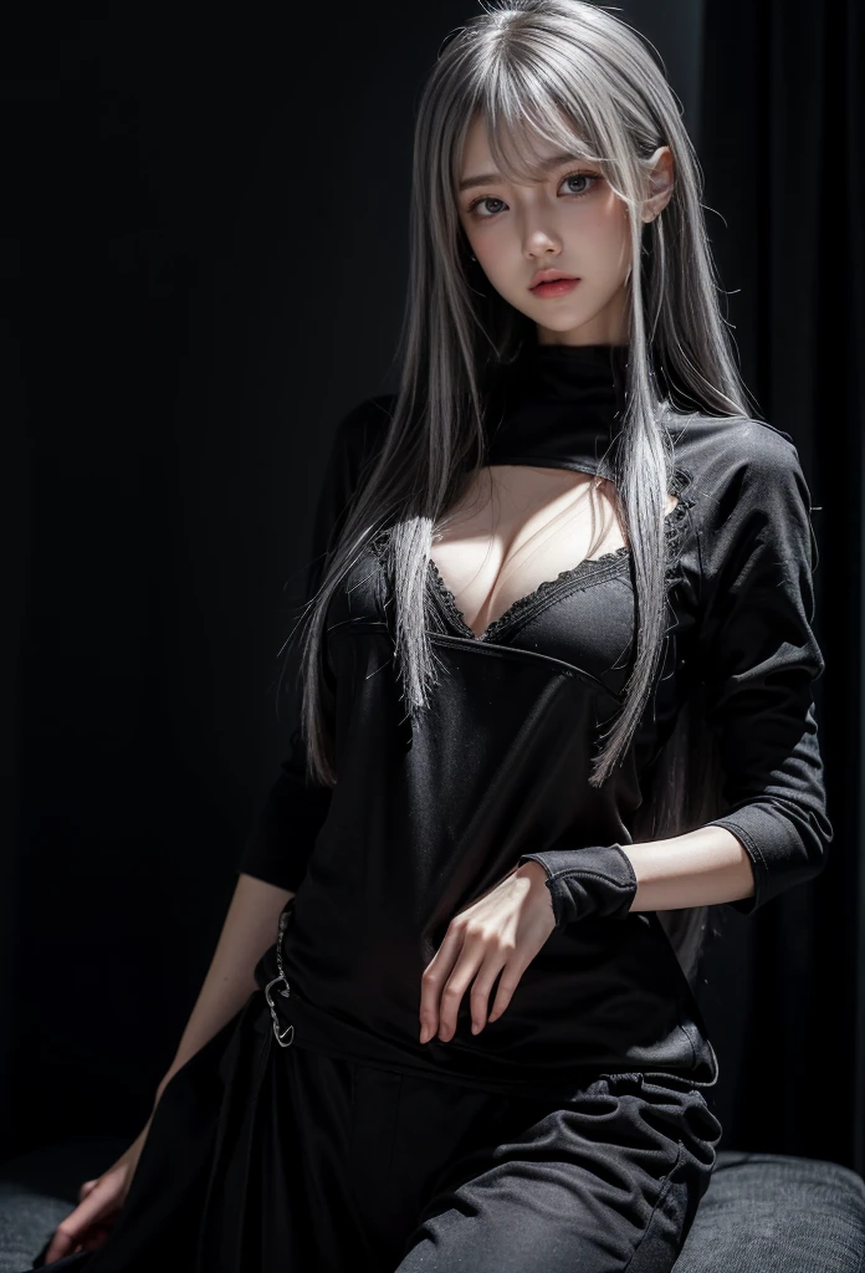 Military Uniforms,pants,black military uniform,whole body,Height: 168cm,almond shape eyes,{{{{{silver eyes}}}}},{{{{{dull bangs}}}}},(slanted eyes},{{whole body},{{{1 girl}}}, long hair, straight hair,{{{{silver hair}}}},{{{tsurime}}},30 years old,{Medium chest},{{bush}},silver eyes,{{{masterpiece}}}, {{{highest quality}}}, {{Super detailed}}, {shape}, {{very delicate and beautiful}},very detailed,detailed perfect,detailed hyper,Abundant thighs,big ass,black clothes