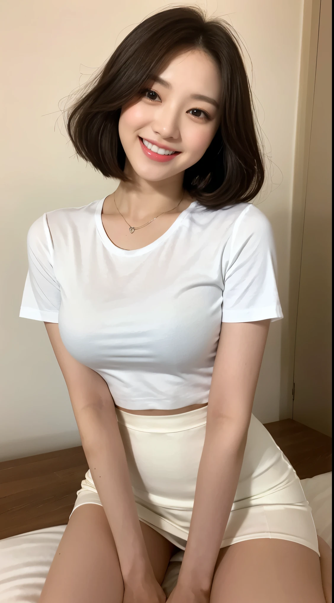 White tight shirt、White tight mini skirt、bed、smile、Short sleeve、high resolution、Korean idol face、double eyelid、White teeth、short hair、Kuroku