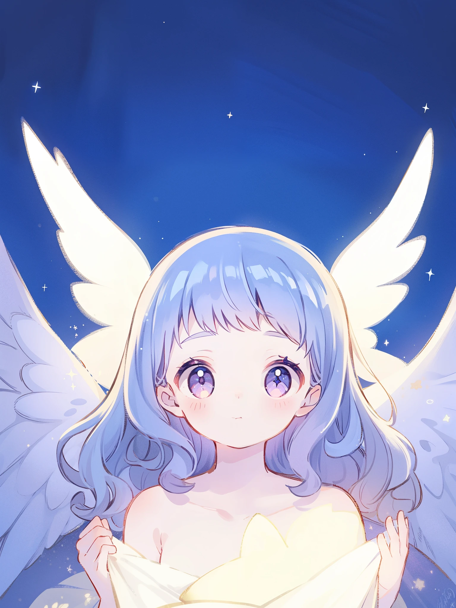 nude angel girl wearing an ethereal translucent dress, pale skin, ((wavy gradient blue purple hair)), white feathers, angel wings, sparkling detailed eyes, golden ratio face, perfect composition, highly detailed, ethereal, (starry night sky background), midjourney style