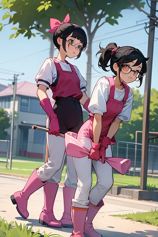 Two girls with glasses and black hair tied up, wearing short-sleeved gym clothes and shorts, wearing long pink rubber gloves and white rubber boots, are cleaning up a schoolyard in midsummer