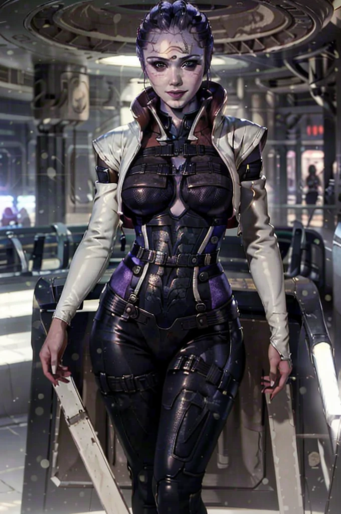 (masterpiece, best quality:1.3) MEAria, Christina Chong beautiful face, narrowed eyes. smirk. black braided hair,, solo, alien, breasts, looking at viewer, smile, medium breasts, standing, full body, high heels, alien, lips, hand on hip, bodysuit, colored skin, cropped jacket, nose, bald, purple skin, purple lips, spotlight
