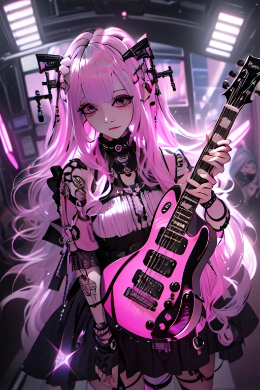 High quality picture, masterpiece, 4k. luminous, reality, pink bobbed hair, punk style dress, playing electric guitar, big eyes, lame eyeshadow, on stage with spotlight