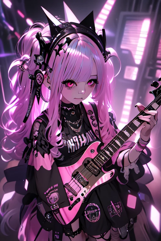 High quality picture, masterpiece, 4k. luminous, reality, pink bobbed hair, punk style dress, playing electric guitar, big eyes, lame eyeshadow, on stage with spotlight