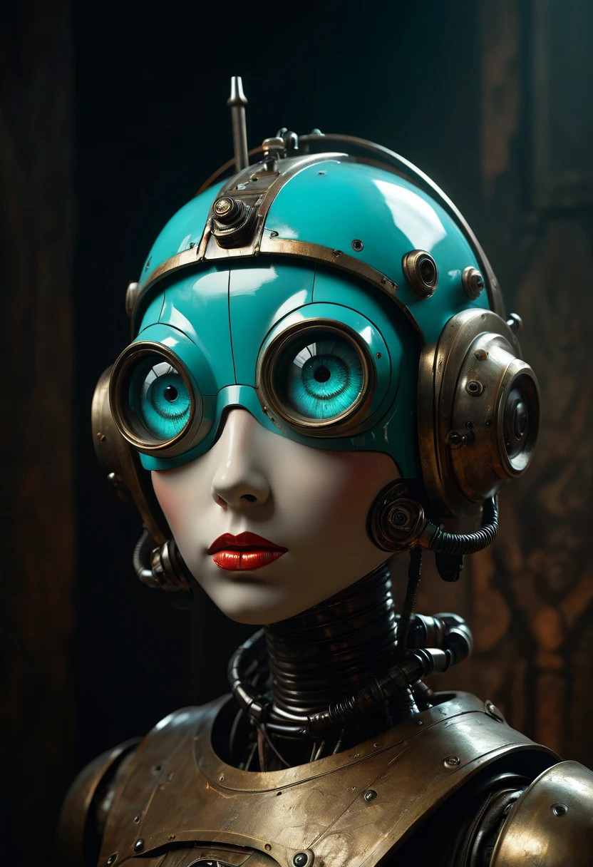 Full length view. Little funny robot, porcelain face and head, big turquoise eyes, perfect eyes, best quality. Beautiful cinematic impressionistic painting, minimalism. Dark creepy in the style of Frank Frazetta. Ashley Wood ,Stephen Gammell by Spartak Mukanov. Perfect composition, Insanely Beautiful Detailed Octane Rendering, Artstation Trend, 8k Fine Art Photography, Photorealistic Concept Art, Programmed Natural Volume, Cinematic Perfect Light, Chiaroscuro, Award Winning Photography, Masterpiece, Oil on Canvas, Raphael, Caravaggio, Greg Rutkowski, Beeple, Beksinski, Giger, Ultra HD, realistic, vibrant colors, high detail, UHD imaging, pen and ink, perfect composition, beautiful detailed complex, insanely detailed octane rendering, artstation trends, 8k art photography, photorealistic concept art, soft natural volumetric cinematic perfect light.Ideal body anatomy.