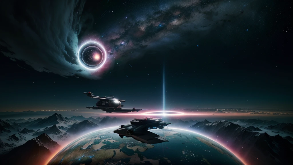 Sci-fi conceptual art, spiral Ying and Yang forces are core balancing factor of the world, wormhole, flying vehicle flying through, vivid colorful cosmos as background.