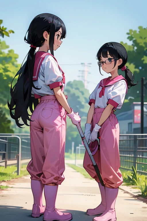Two elementary school girls with glasses and black hair tied up, wearing short-sleeved gym clothes and long pants, wearing long pink rubber gloves and white rubber boots, are cleaning up a schoolyard in midsummer