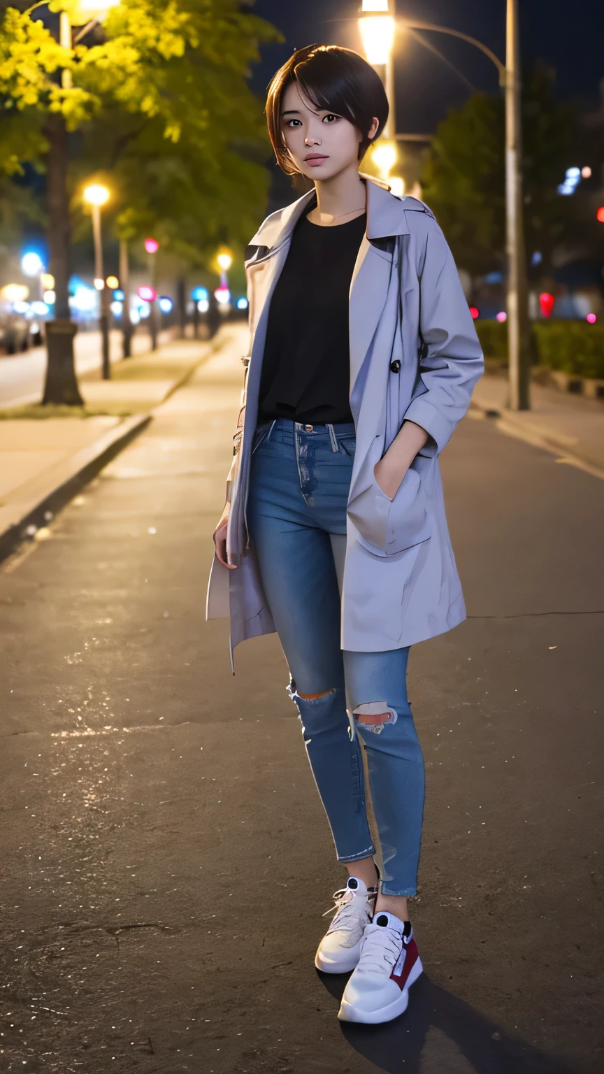 high quality,16K:1.1),(Depth of written boundary:1.3) ,Full body photo、Standing woman、smile、Short Haircut、Wearing a coat、shirt、Skinny jeans、sneakers、View your viewers:1.3),(Full Body Shot:1.2),Background is a park at night