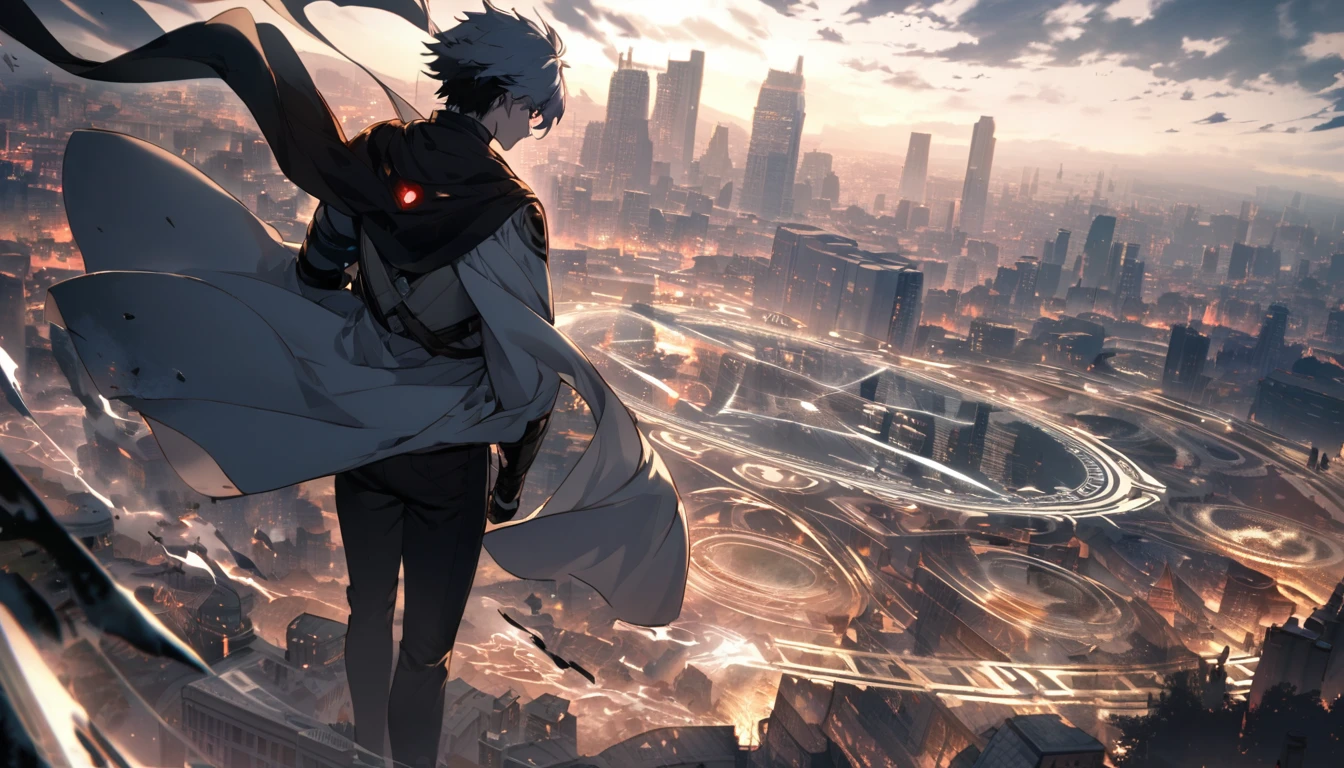 A pale magic circle floating in the air, ,The hero who stopped the world from being destroyed, The back of the character, City as background