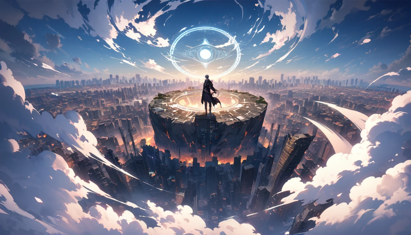 A pale magic circle floating in the air, ,The hero who stopped the world from being destroyed, The back of the character, City as background