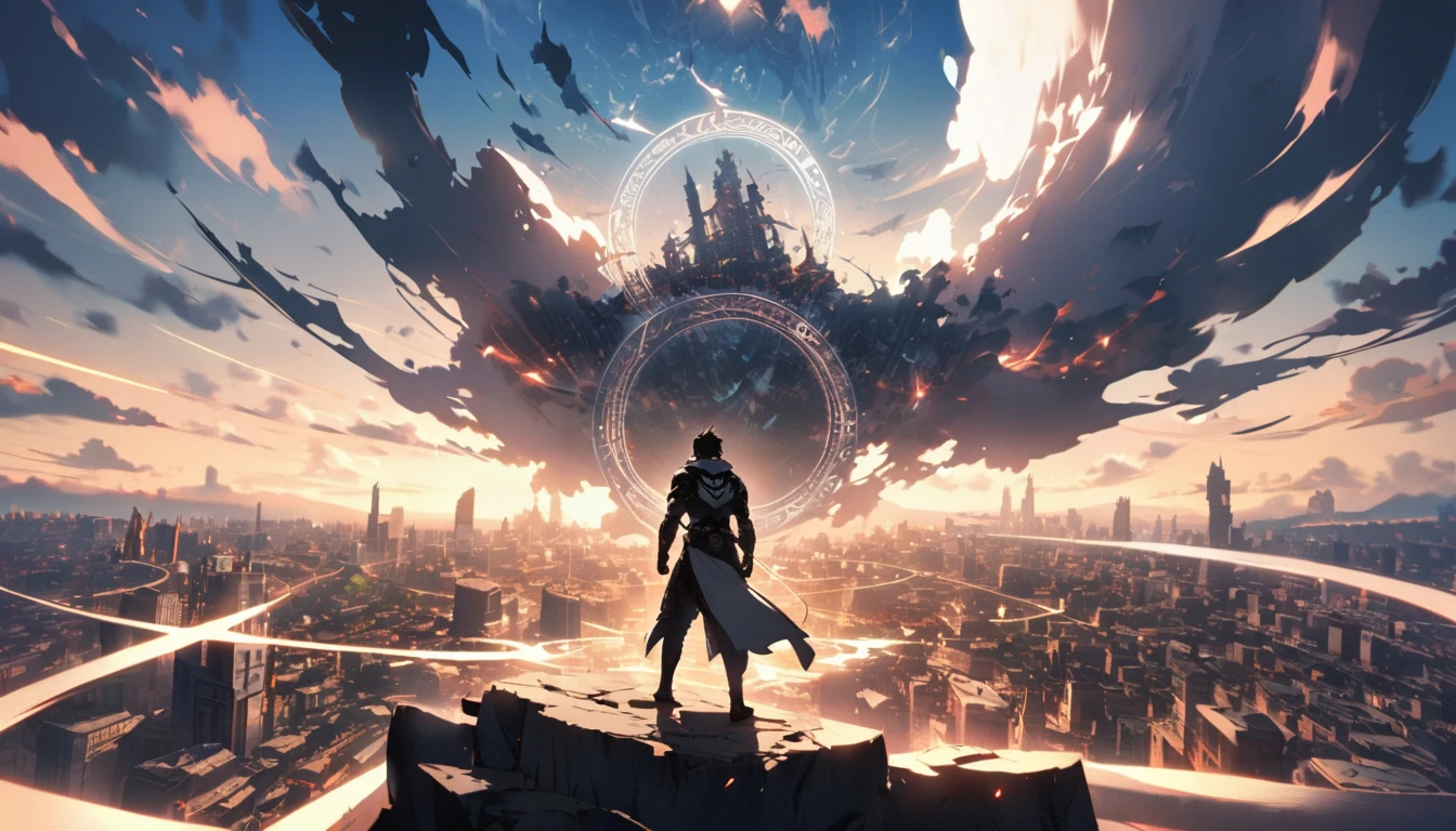 A pale magic circle floating in the air, ,The hero who stopped the world from being destroyed, The back of the character, City as background