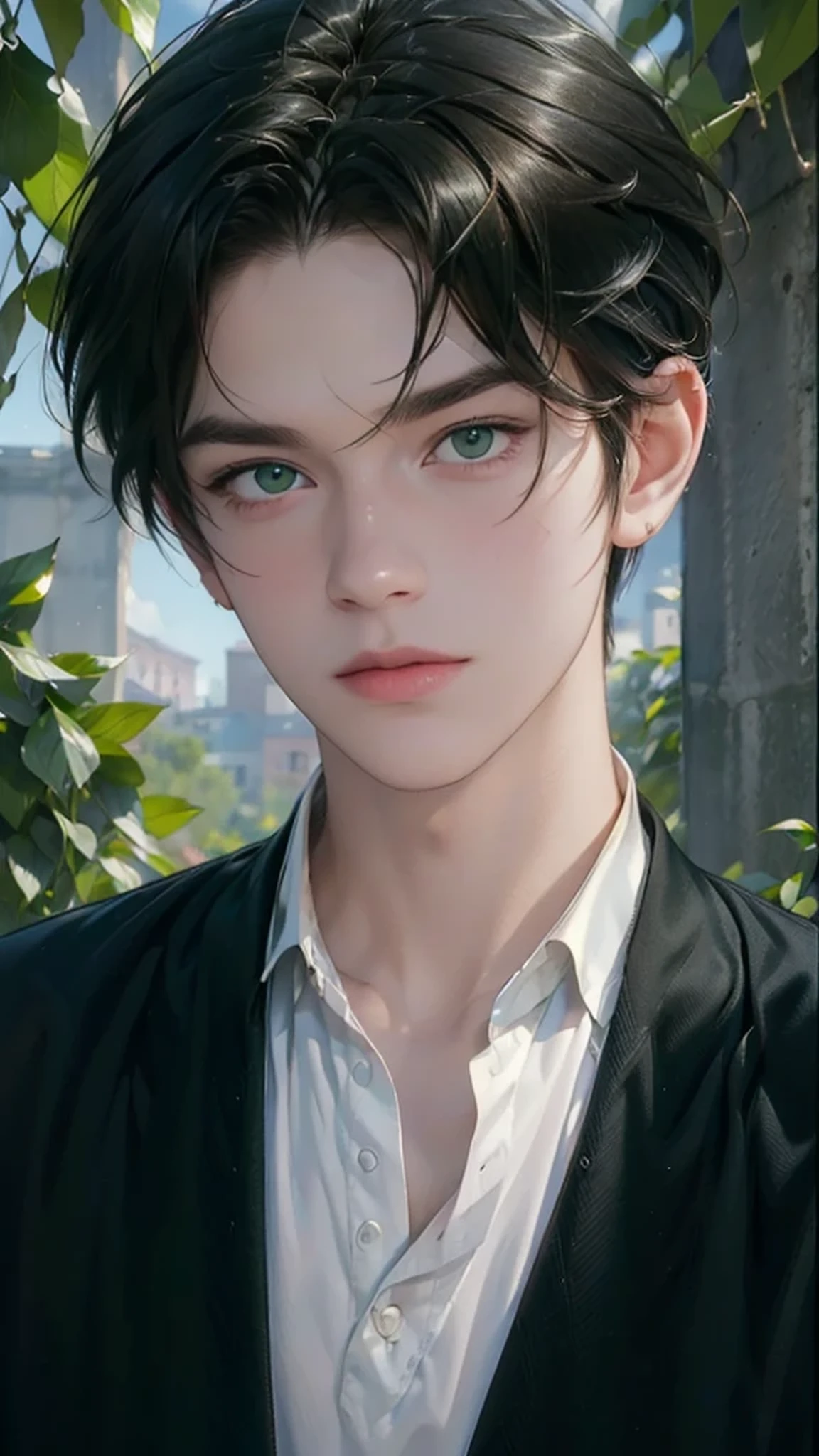 (masterpiece: 1.3), (best quality: 1.2), 8K, absurd, (Extremely detailed: 1.3), Maximum resolution, (1 boy: 1.2), portrait,
, shirt, Dirty black hair, Green Eyes (Very detailed), Pale shiny skin