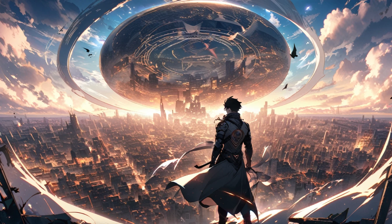 A pale magic circle floating in the air, ,The hero who stopped the world from being destroyed, The back of the character, City as background