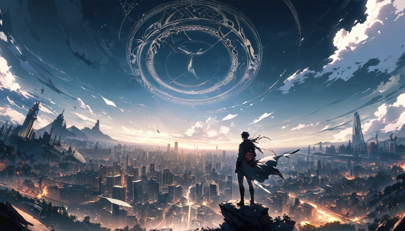 A pale magic circle floating in the air, ,The hero who stopped the world from being destroyed, The back of the character, City as background