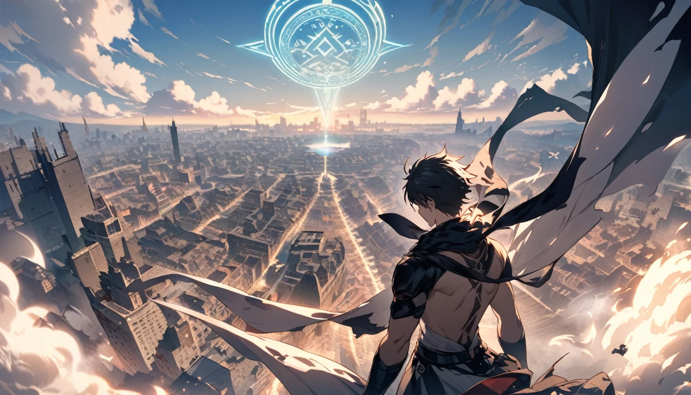 A pale magic circle floating in the air, ,The hero who stopped the world from being destroyed, The back of the character, City as background