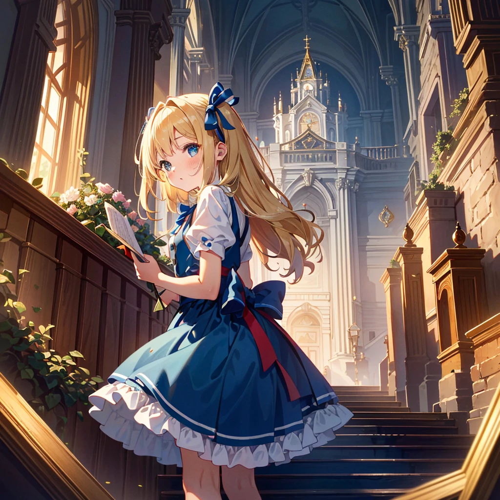 (((Masterpiece, highest quality, 8K)))), Alice in Wonderland (Queen of Hearts Castle, Trump Soldier), ((Alice in Wonderland (blonde), 4 year old girl, blue ribbon, Alice clothes , long hair)), small, young, small breasts), round face, girl, :1.25), (baby face), short limbs, from the side, Puni, Castle of the Queen of Hearts, confronting multiple men. (((wide shot))),