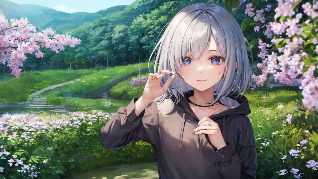 Ultra HD,Look at the viewers, Put your hands behind your back, With a girl, 20-year-old, 非常にShort Hair, Long bangs between the eyes, Pale blue eyes, Very detailed,(masterpiece、Highest quality),Gray Hair、Laughter、Fantastic, Silver Hair, Iris, Short hair、 Fluttering Hair、Small Face、明るいsmile、(Detailed face) ,Professional Lighting,Wonderful landscape,blue sky, sunlight,Looking down from above,Portraiture、Open your mouth、Flower Field、Her eyes were shining、Mysterious and enchanting atmosphere。With AI Painting、とてもShort Hair, Long bangs between the eyes, Very detailed,(masterpiece、Highest quality)、alone、Gray Hair、Fantasy, Silver Hair, Fantasyな風景、smile、Open your mouth、short hair、Short Hair、hairpin、black eye、Grey Eyes、Beautiful Eyes、Black Shirt、White hoodie