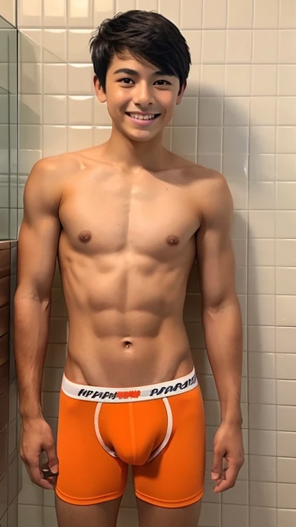 Japanese men、、Muscles and smooth skin、Very short black hair、A relaxed and friendly smile、Orange thin boxer briefs、The whole body is well visible、Posing in the bathroom、