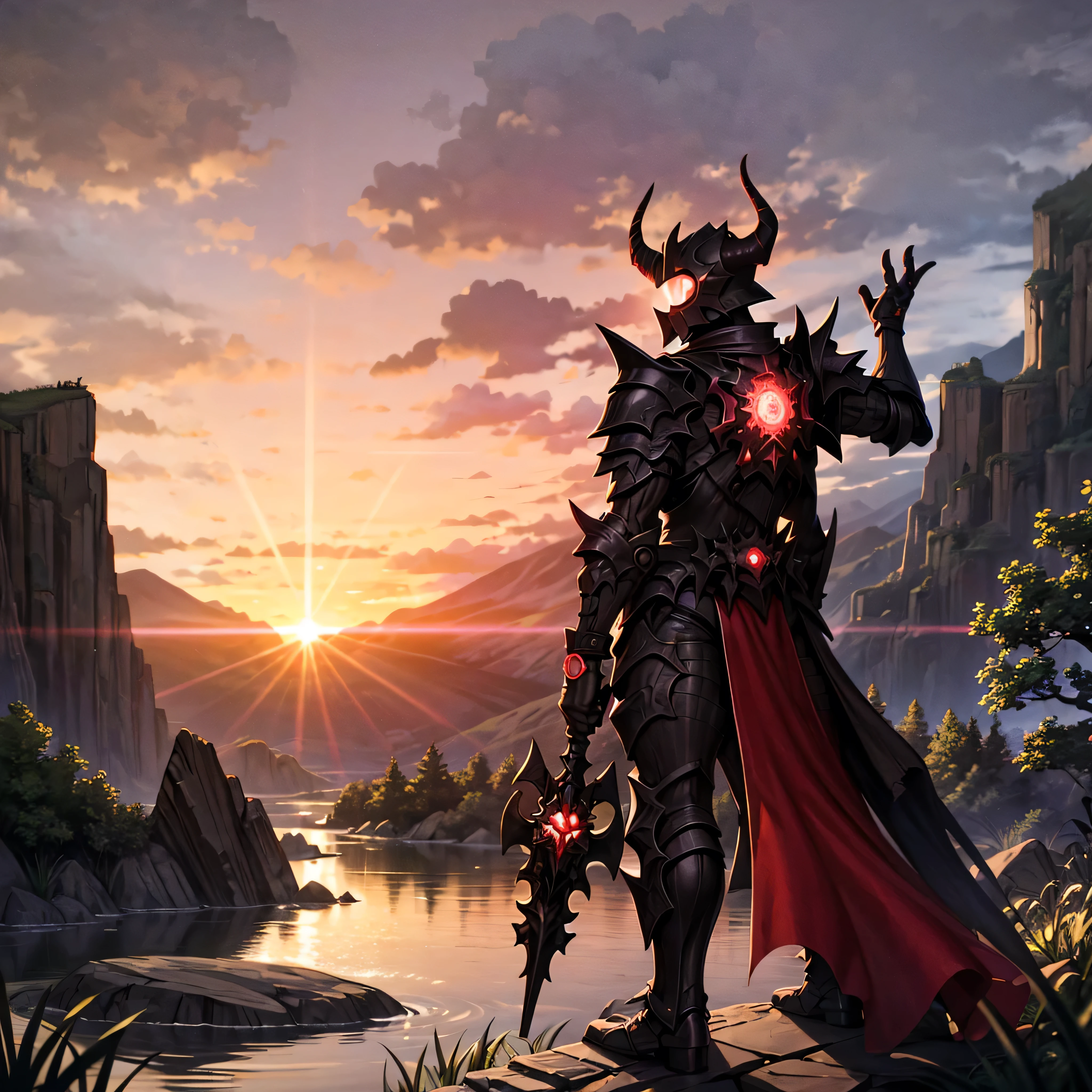 monster, black armor, helmet with horns, red glowing, blue sky, bracelet, bush, coral, day, fish, forest, grass, jewelry, lake, mountain, nature, outdoors, overgrown, palm tree, plant, river, rock, scenery, sky, solo, tree, vines, watch, water, waterfall
