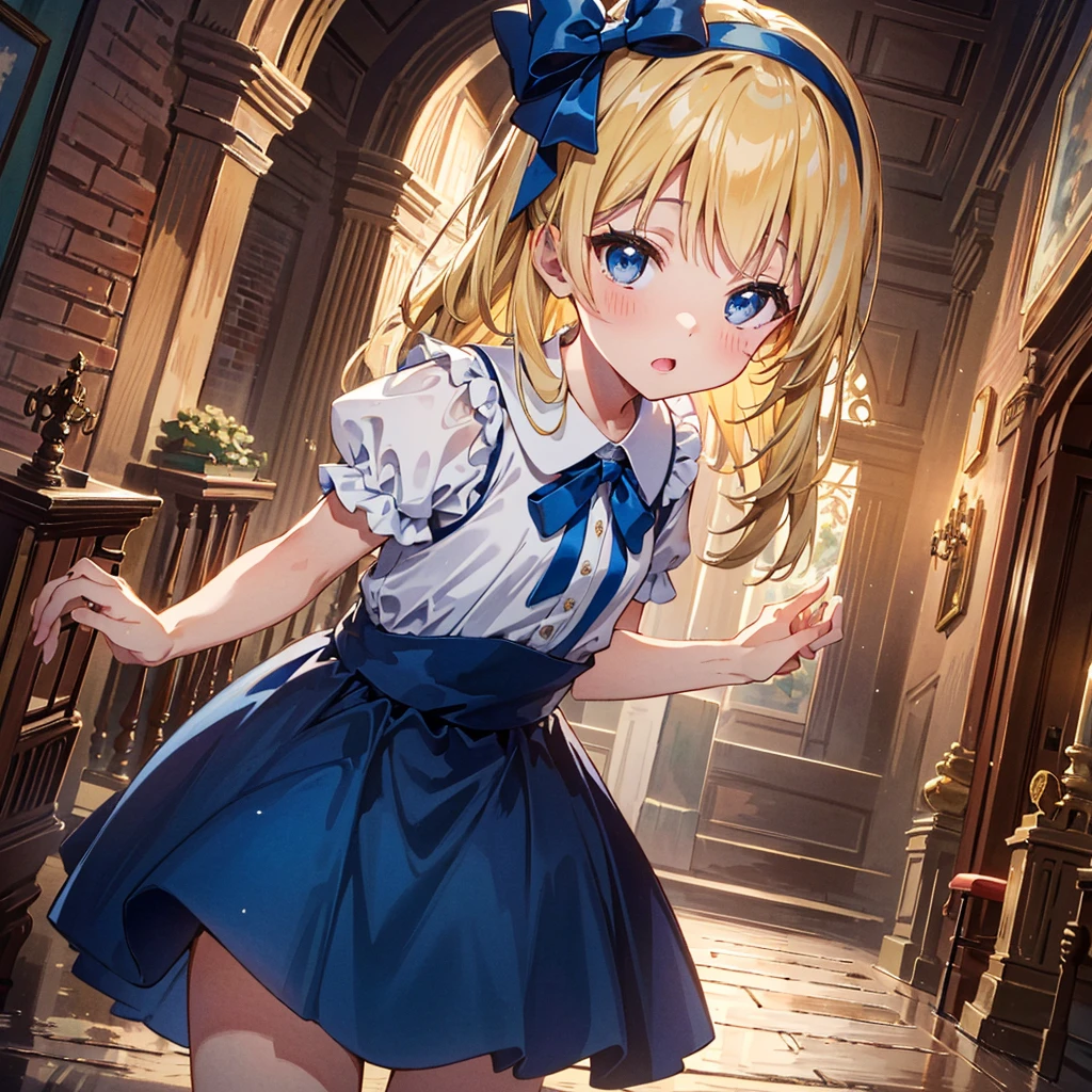 (((Masterpiece, highest quality, 8K)))), Alice in Wonderland (Queen of Hearts Castle, ????? Soldier), ((Alice in Wonderland (blonde), 4 year old girl, blue ribbon, Alice clothes , long hair)), small, young, small breasts), round face, girl, :1.25), (baby face), short limbs, from the side, Puni, Castle of the Queen of Hearts, confronting multiple men. (((wide shot))),