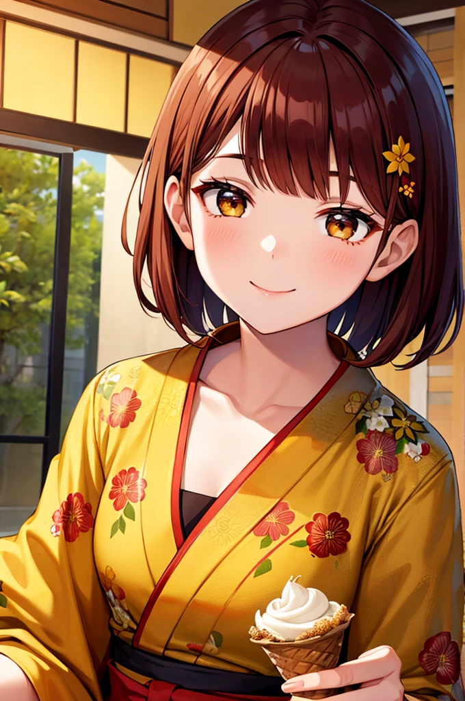 Reddish brown hair Short Hair Brown eyes Bangs beautiful girl Yellow flower hair ornament smile Yellow yukata with floral pattern Festival Night Eat ice cream