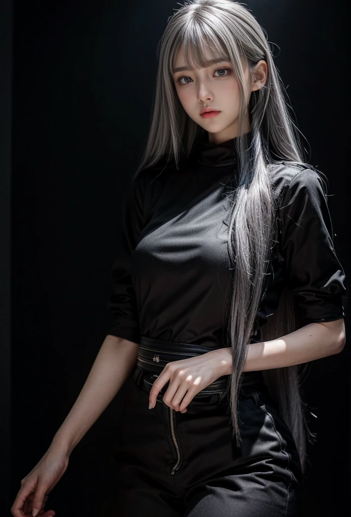 standing,Military Uniforms,pants,black military uniform,whole body,Height: 168cm,almond shape eyes,{{{{{silver eyes}}}}},{{{{{dull bangs}}}}},(slanted eyes},{{whole body},{{{1 girl}}}, long hair, straight hair,{{{{silver hair}}}},{{{tsurime}}},30 years old,{Medium chest},{{bush}},silver eyes,{{{masterpiece}}}, {{{highest quality}}}, {{Super detailed}}, {shape}, {{very delicate and beautiful}},very detailed,detailed perfect,detailed hyper,Abundant thighs,big ass,black clothes