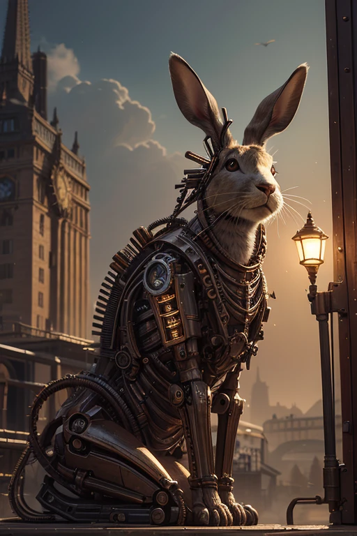 Mechanical anthropomorphic Hare, gears, wires, metal plating, clock gears, electric wires, mechanical limbs, industrial body, metal skin, electricity, detailed face features, bronze light eyes, copper tubing, steam powered, photorealistic, 8k, high resolution, Spring Trap from Five Nights at Freddys