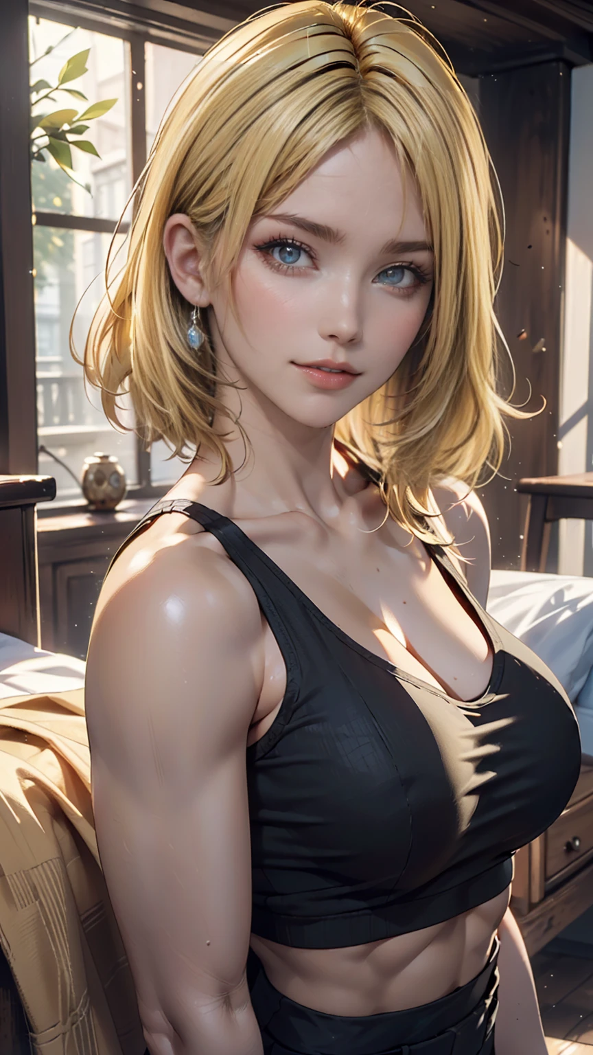 ((Highest quality, 8k, masterpiece: 1.3)), whole body, Clear Focus: 1.2, Outstanding beauty: 1.4, Slim Abs: 1.2, ((blonde, big: 1.2)), Black tank top, Highly detailed face and skin texture, Detailed eyes, double eyelid