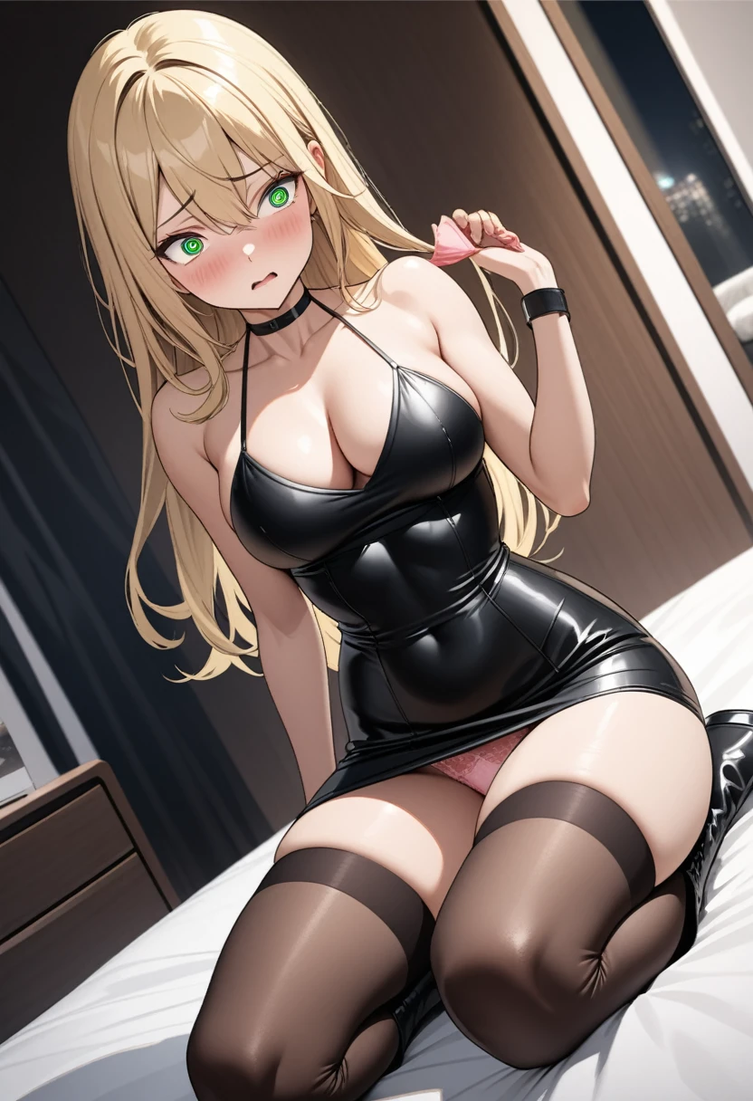 (masterpiece), detailed illustration, dynamic angle, ultra-detailed, illustration, 1girl, , (long blonde hair), green eyes, bright eyes, (extremely detailed eyes:1.37), medium breasts, cleavage, nice thighs, toned body, athletic body, (short tight leather dress), halter dress, (thigh high leather boots), modern bedroom, luxury condo, aroused, anxious, sitting on bed, (holding pink panties in right hand)