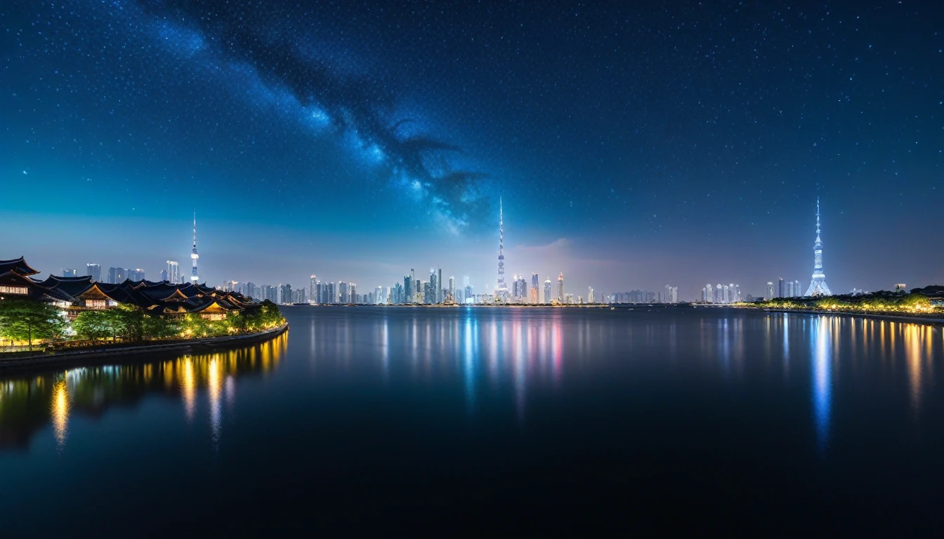 (Vast Sky),Beautiful skyline，[Highlight Filter：1.2+Soft Light Filter：0.8+Contrast Optimization：0.9+High saturation：1.1]，Dynamic shooting angles，The starry sky is beautiful，The water surface is vast，The city is far away。