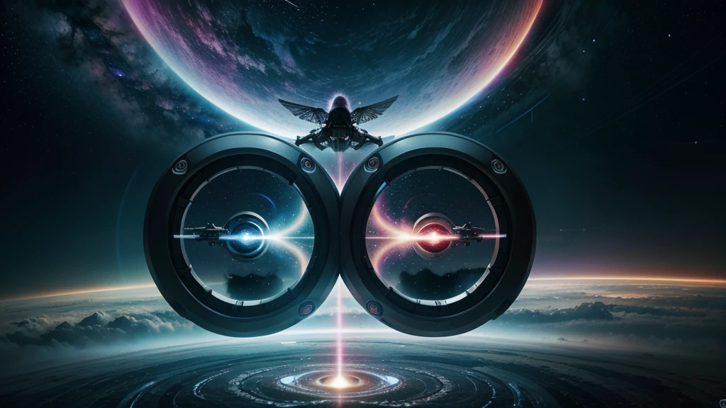 Sci-fi conceptual art, spiral Ying and Yang forces are core balancing factor of the world, wormhole, flying vehicle flying through, vivid colorful cosmos as background.