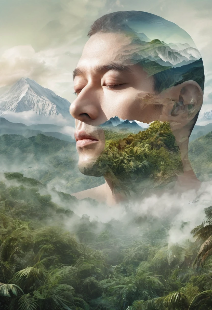 Dubrec style,closeup of face,Jungle mountains image foreground,(multiple exposure:1.8),Complex illustrations in surrealist art style,Surreal dreams