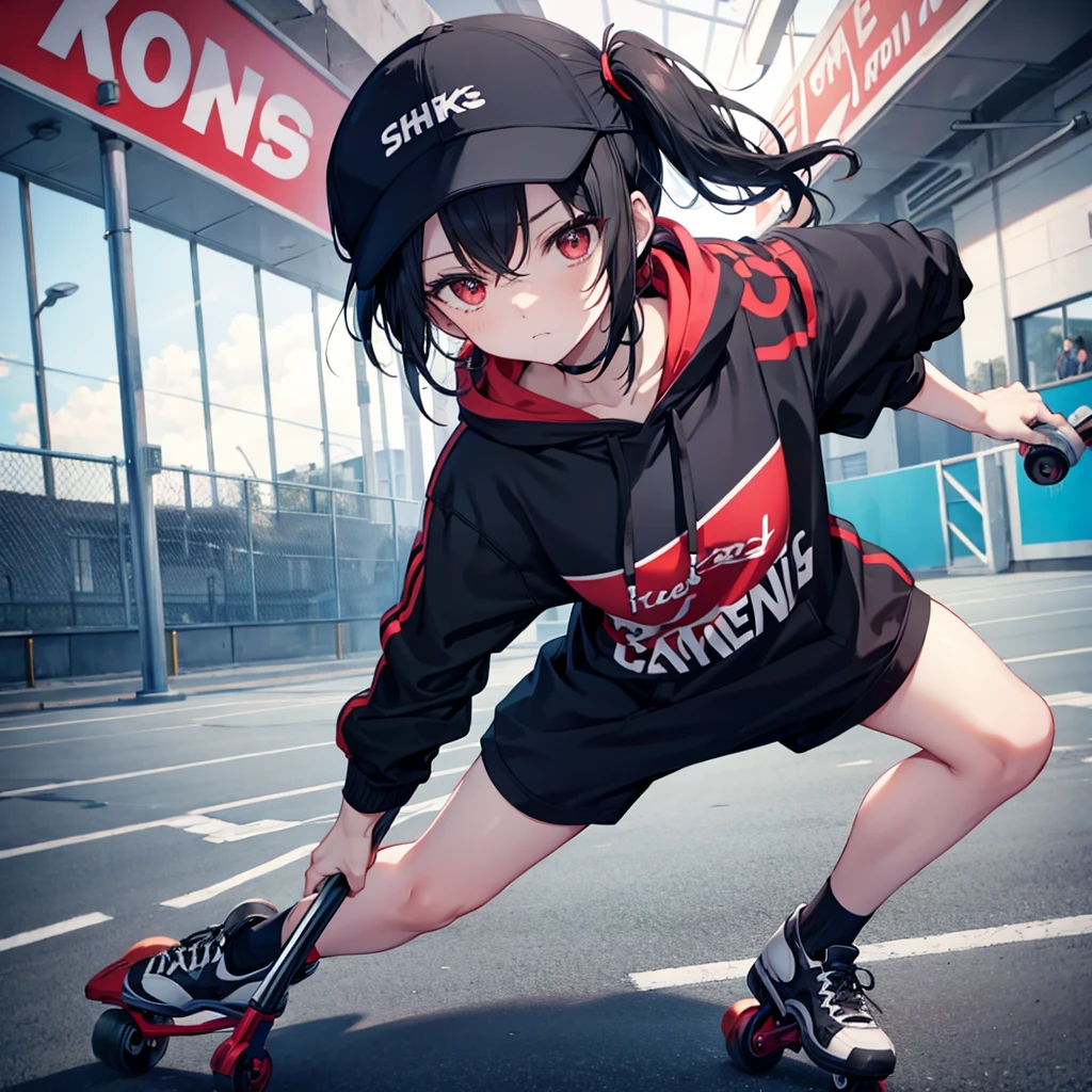 One woman((Roller skater,Black hoodie)) background,(driving range,concrete) Wear a cap or have a hat,Skating Women,(Black Hair,Side Ponytail,Red eyes,Super Shine) Anime Style,Overall view Wind blowing Low angle