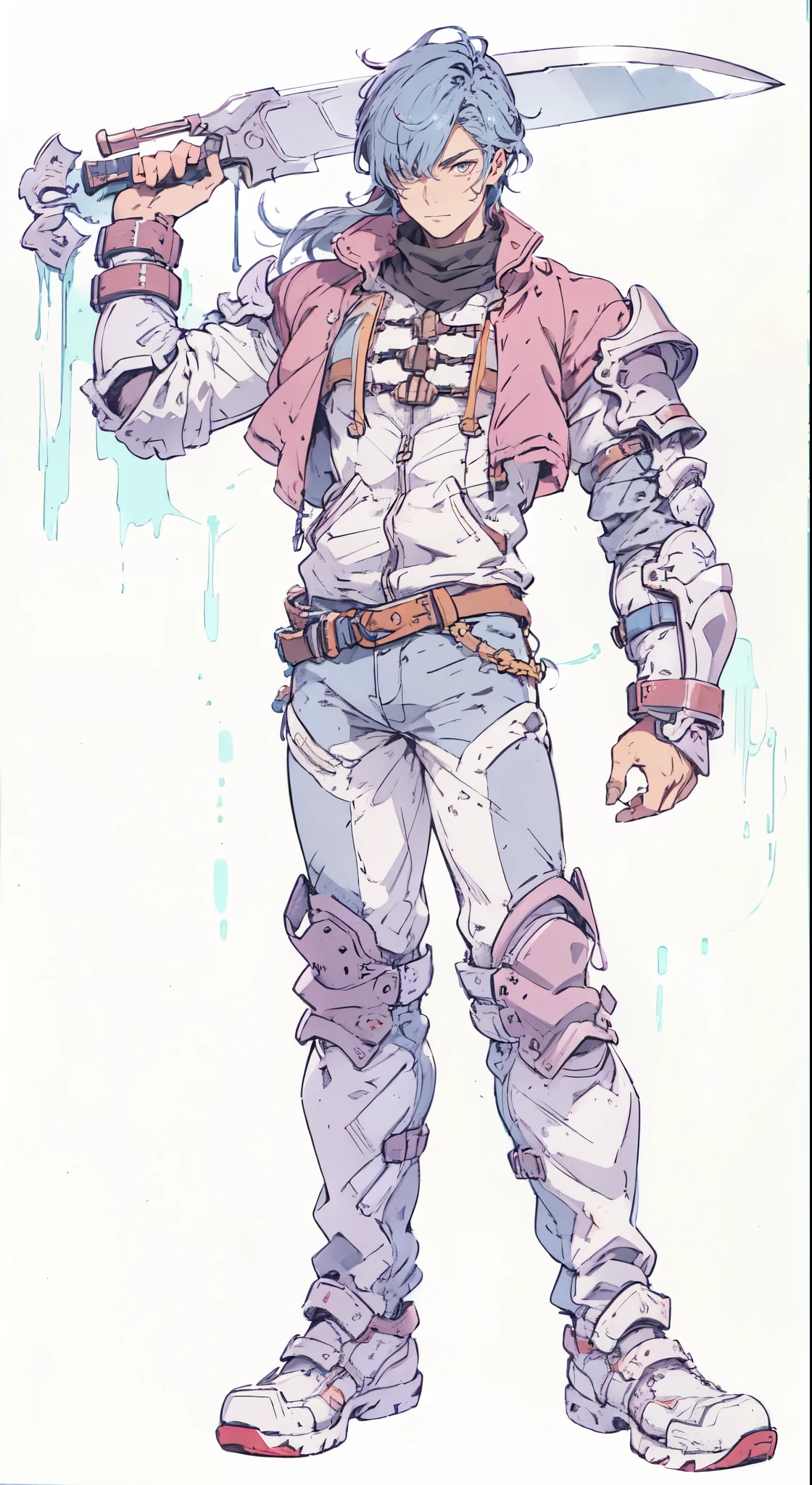 (masterpiece:1.2, best quality:1.2, extremely delicate:1.2), ((male:1.5)), a young man with short blue-purple hair, side-swept bangs covering one eye, a confident expression, a scar on the bridge of his nose, a slight smile on his lips, a dark green scarf around his neck, a fantasy-reality style rogue outfit, an open dark short vest, a layered futuristic tight armor underneath that emits a silver-blue glow, small fitted shoulder armor, matching arm guards and shin guards, a two-piece leather belt at his waist, layered canvas trousers, tall boots, he holds a serrated blade horizontally behind him with his raised right hand, standing imposingly on a windy and sandy hillside, this character embodies a finely crafted fantasy-reality-style rogue in anime style, exquisite and mature manga art style, dramatic, high definition, highres, ultra-detailed, ultra-fine painting, professional, perfect body proportions, golden ratio, anatomically correct, symmetrical face, extremely detailed eyes and face, high quality eyes, creativity, RAW photo, UHD, 32k, Natural light, cinematic lighting, (masterpiece-anatomy-perfect:1.2)