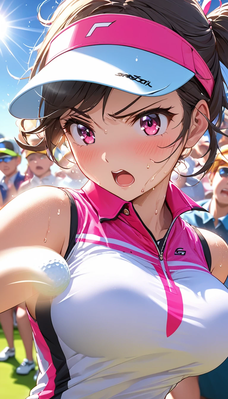 (Sports magazine cover photo), Highest quality, Great quality, 16K, Unbelievably absurd, Very detailed, delicate and dynamic, Natural light, The particles reflect light, Diffuse reflection of light, Many rainbow-colored petals fall, Beautiful field, Sparkling Sun, Diffuse reflection of light, Create amazing image effects, , Wet, sweating, golf, Hitting a Golf Ball, Sun visor, Close-up(Cute sexy girl, big bouncing busts, Sensual expression, Cool girl, Serious, passion, Dynamic, Flashy golf wear, ,audience , much-air-laden cheer)