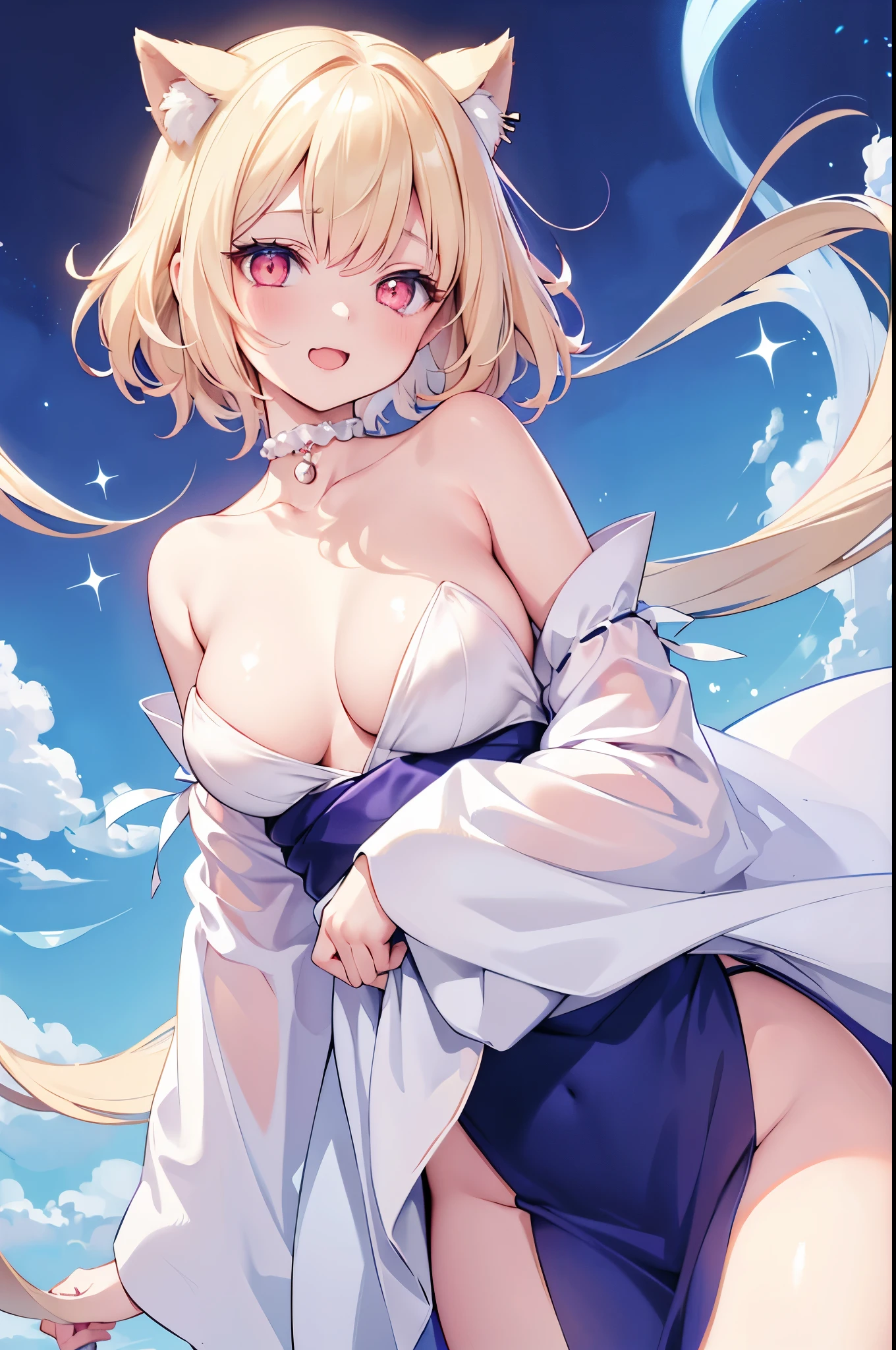 1girl,Sexy pretty girl,shiny gold platinum blonde hair, Bobcut,curly hair、Dog ears、Red sparkling eyes、detailed cute eyes,(glowing eyes:1.4),laugh heartily,((Droopy eyes)),22 years old,posing,skinny body shape,short of a person,smiling open mouth,flushed cheeks,white silk Clothes shirt, sparkle, flowing transparent white,pearls choker,sensual pose,A little sexy,Masterpiece, best quality,(watercolor style illustration), kawaii yukata,blue sky,