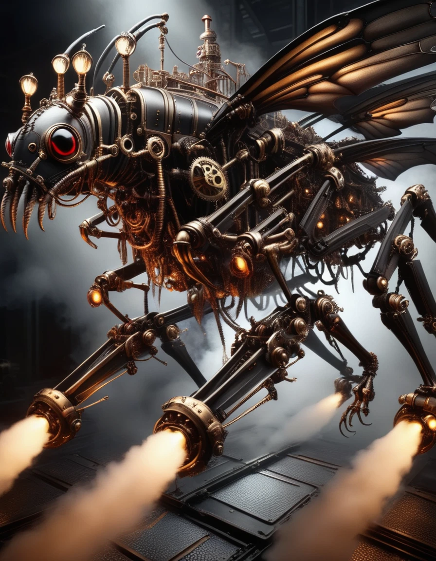 a mechanical cyberpunk cockroach, intricate gears and circuits, hexagonal metallic exoskeleton, glowing red eyes, insectoid legs with sharp claws, large folded wings, futuristic science fiction, moody dramatic lighting, dystopian industrial setting, (best quality,4k,8k,highres,masterpiece:1.2),ultra-detailed,(realistic,photorealistic,photo-realistic:1.37),cinematic composition,dark shadows,dramatic contrast,highly complex mechanical design